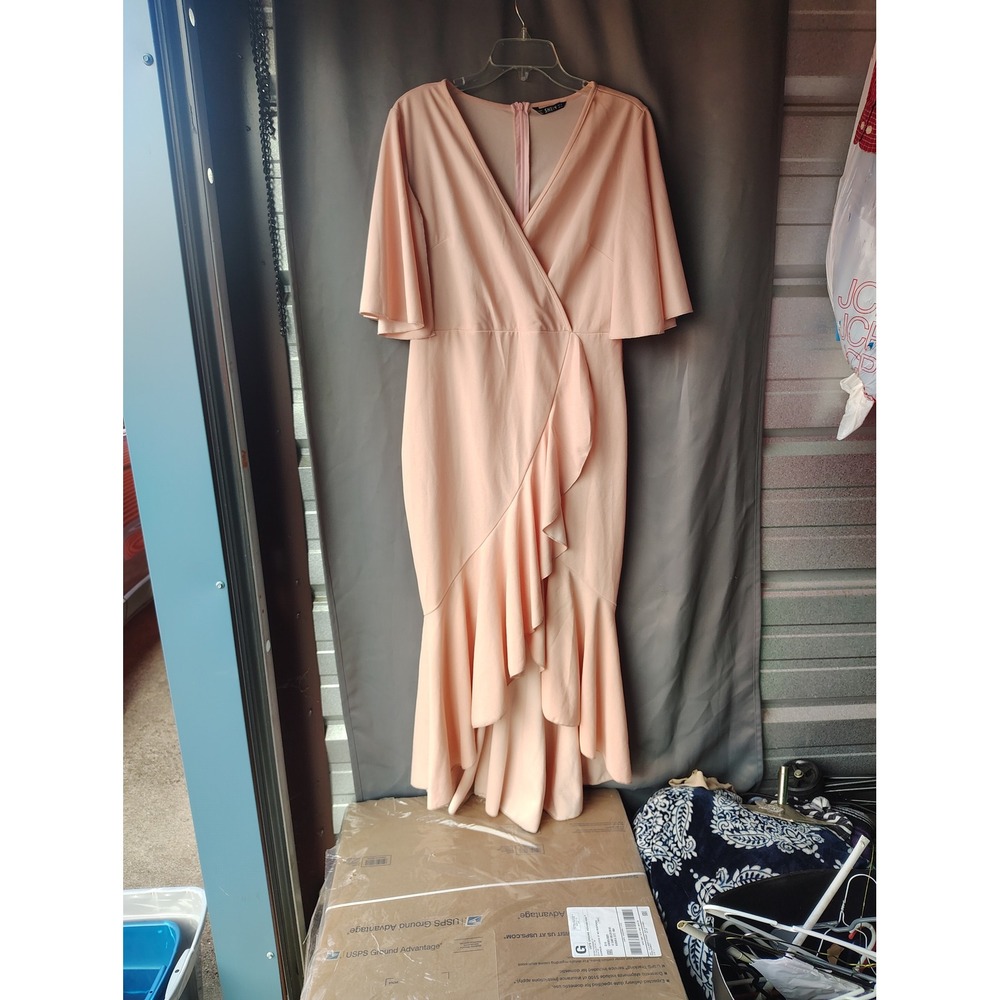 SHEIN Peach Pink Ruffle High Low Mermaid Maxi Dress Flutter Sleeve‎ Womens XL